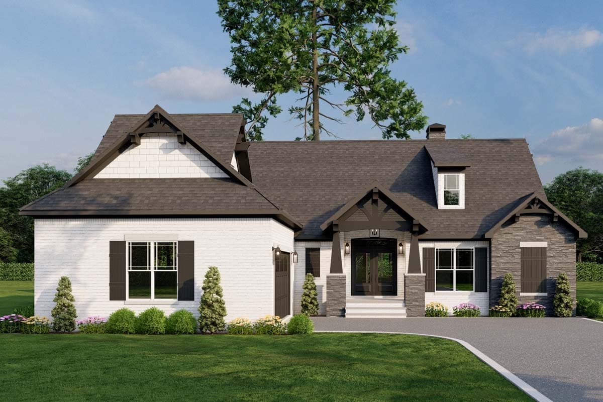 House plan exterior: one-story Modern Farmhouse with white brick, stone accents, front-facing garage, and prominent gables.