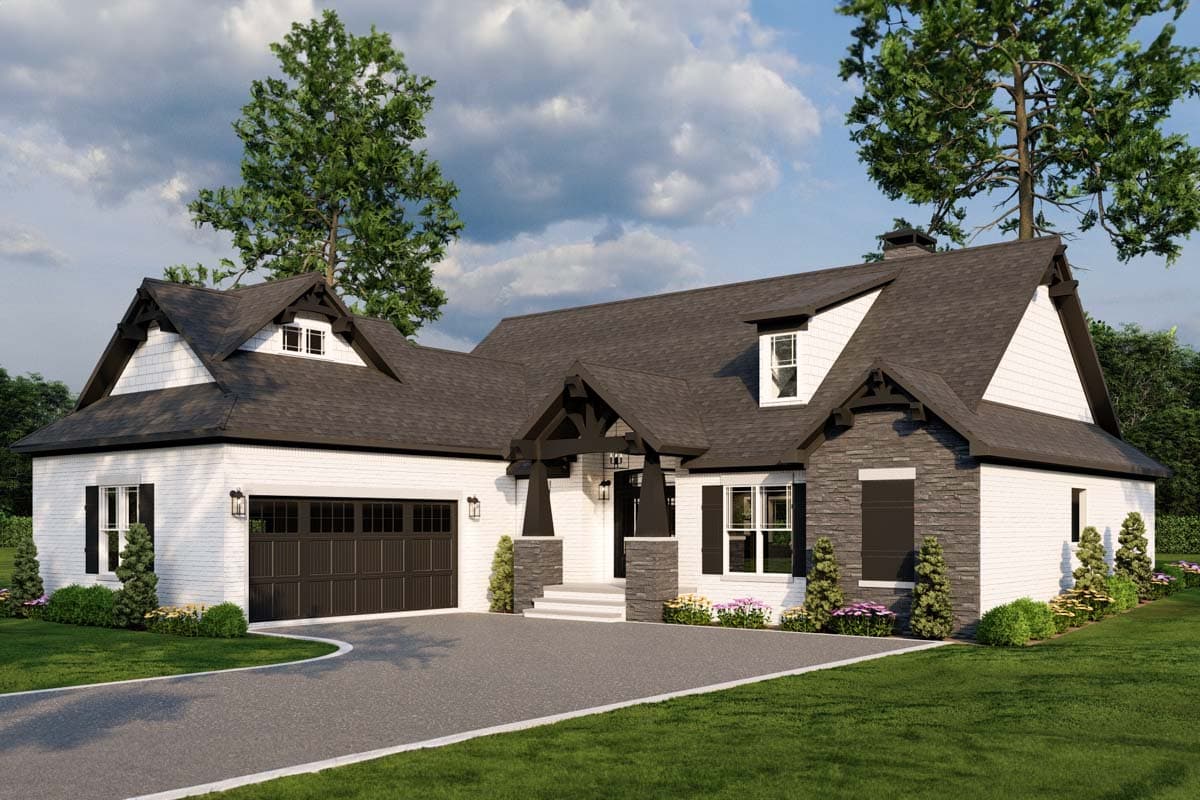 House plan exterior: Modern Farmhouse style, one story with side-entry garage, gable dormers, stone accents, and covered porch with timber detailing.