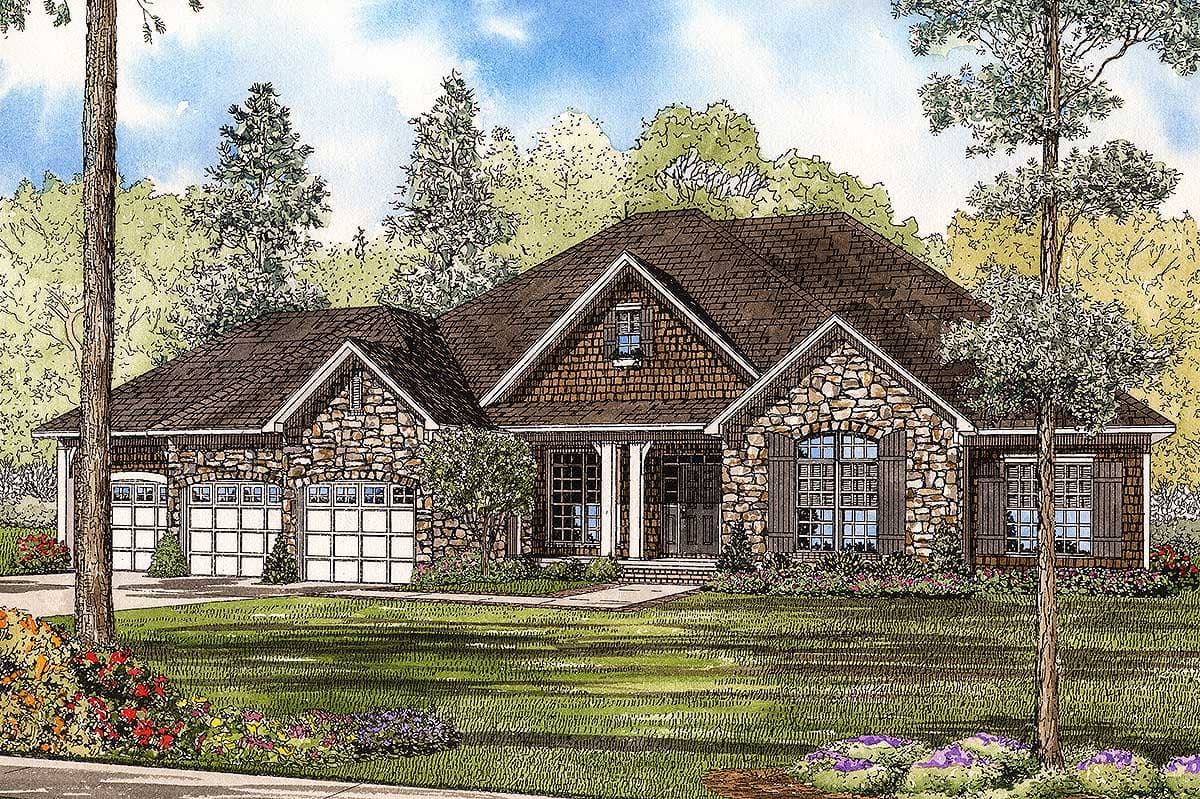 House plan exterior: Stone and shake siding, prominent gables, large windows with shutters, covered porch, and a three-car garage.
