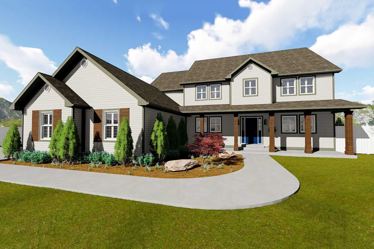 House plan exterior with two stories. Features include gables, a covered porch with columns, and a mixed roofline.