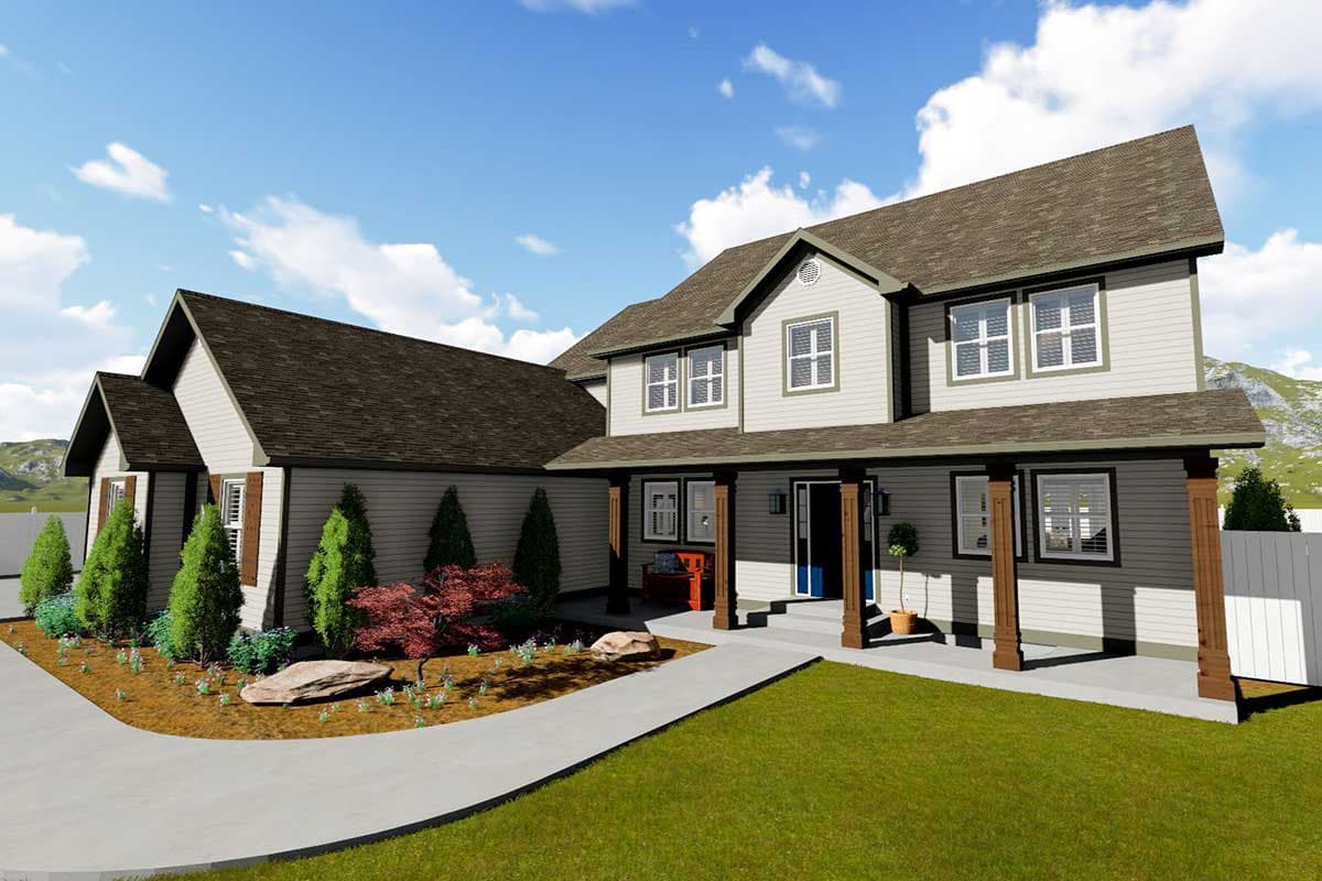 House plan exterior: Two-story dwelling with a wrap-around porch, gabled dormers, and multiple rooflines.