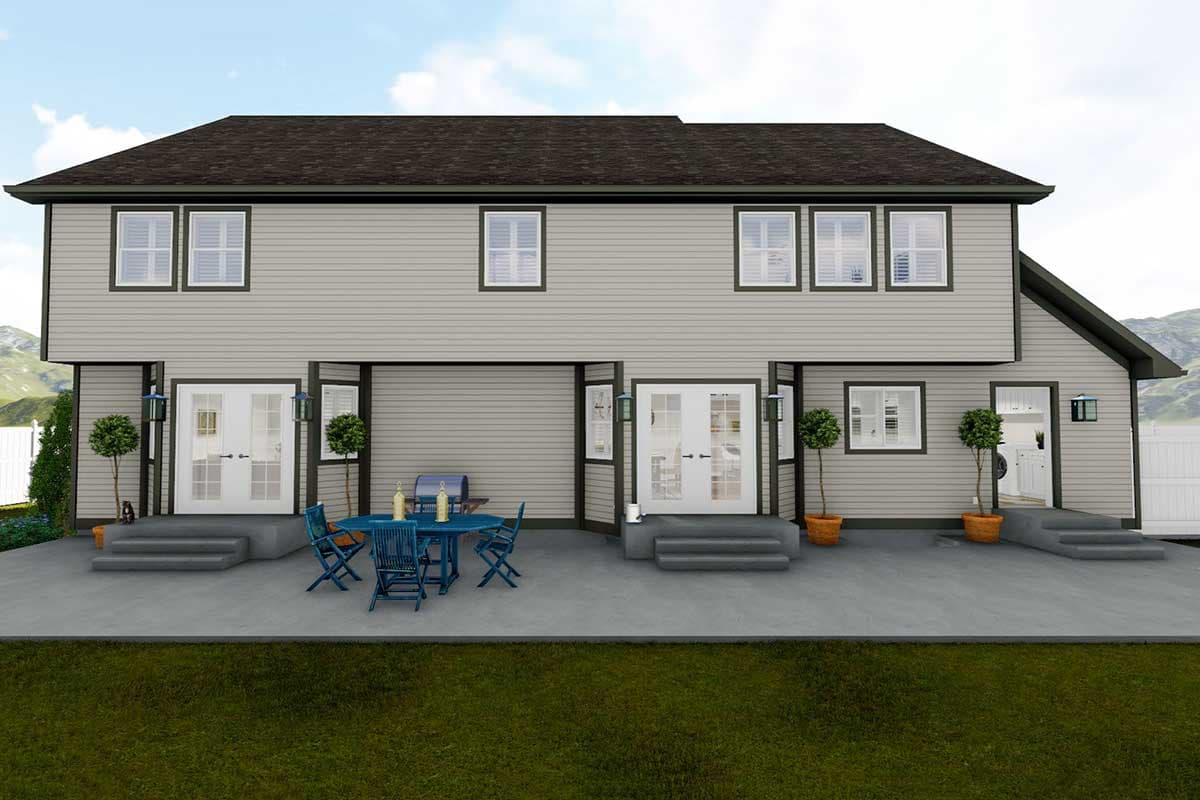 House plan exterior: Two-story siding with dark trim, multiple gabled sections, and several double doors opening to a patio with seating.