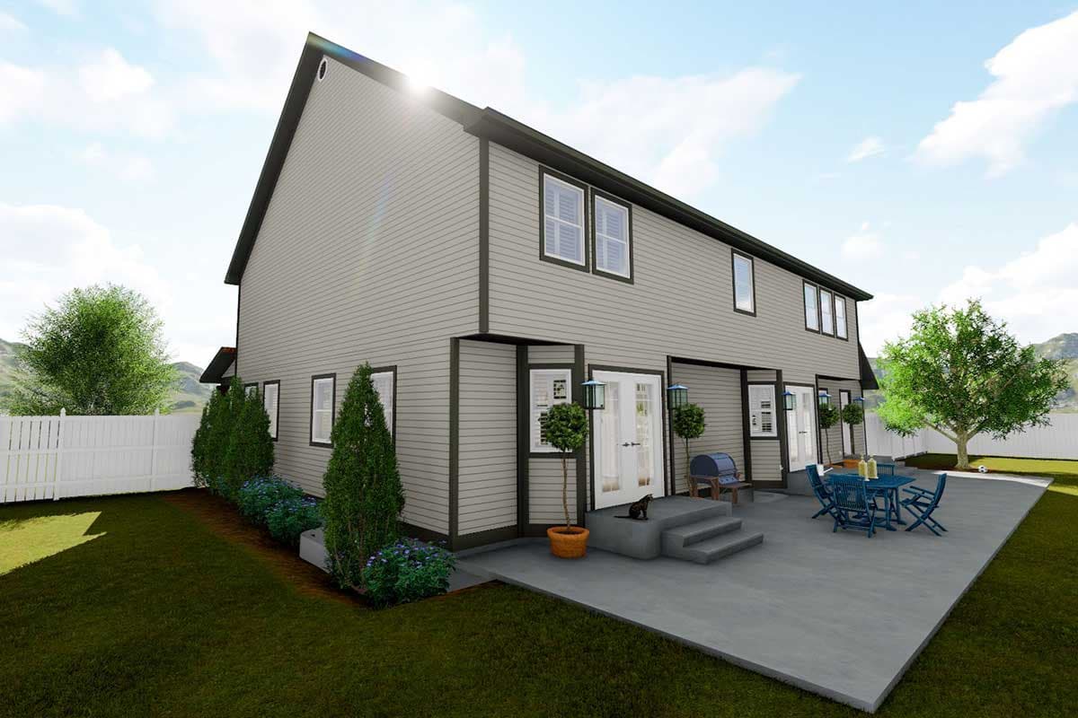 Two-story house plan exterior with horizontal siding, multiple double doors, and a large concrete patio with outdoor furniture.