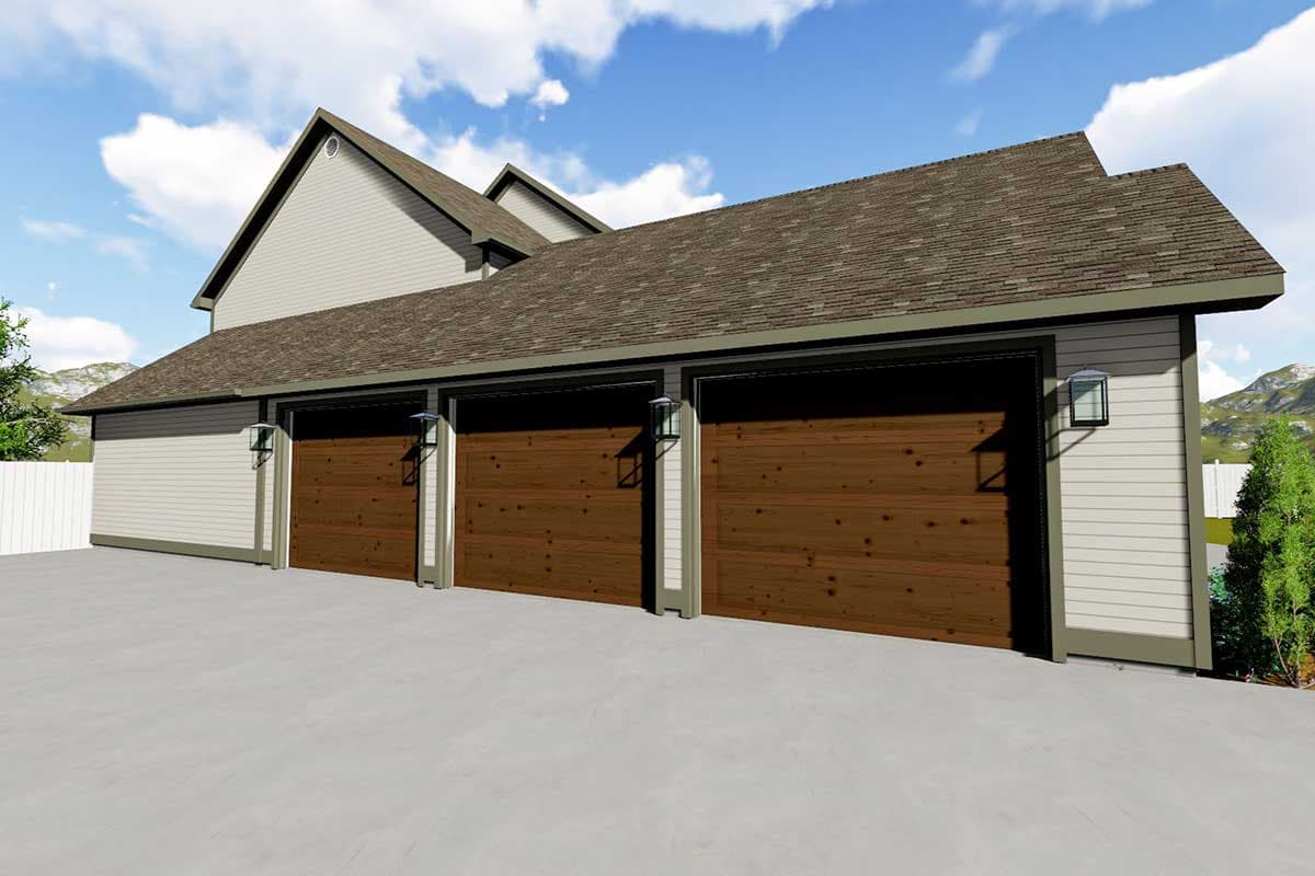 House plan exterior with three wood garage doors, siding, gables, and a shingled roof.