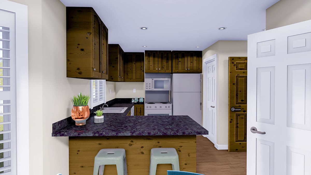 Kitchen rendering with dark wood cabinets, granite countertops, peninsula with seating, white appliances, and wood floors.