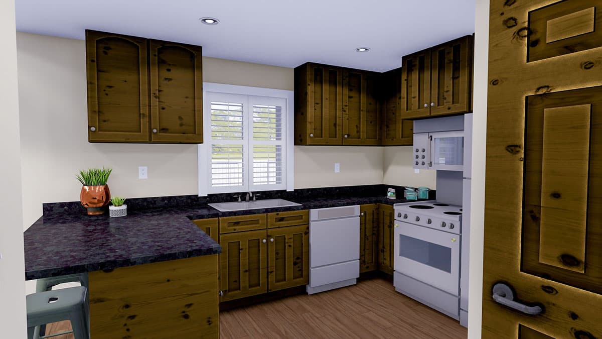 Kitchen rendering with dark wood cabinets, granite countertops, white appliances including dishwasher and stove, and window with blinds.