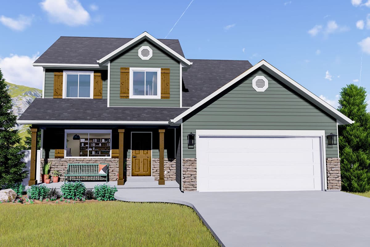 Two-story house plan exterior with a covered front porch, stone accents, dormer, and a two-car garage.