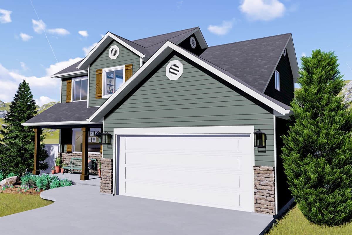 House plan exterior, two-story home with gabled dormers, covered porch with stone accents, and a three-car garage.