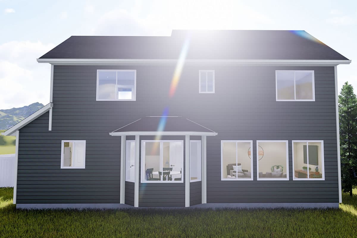 Two-story house plan exterior with dark siding, bay window, and multiple large windows.