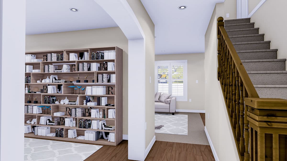 Interior rendering showing a floor-to-ceiling bookshelf, staircase with wooden balusters, and a living area with sofa.