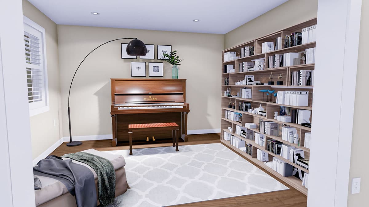 Room with upright piano, bench, arc floor lamp, and extensive built-in bookshelves.