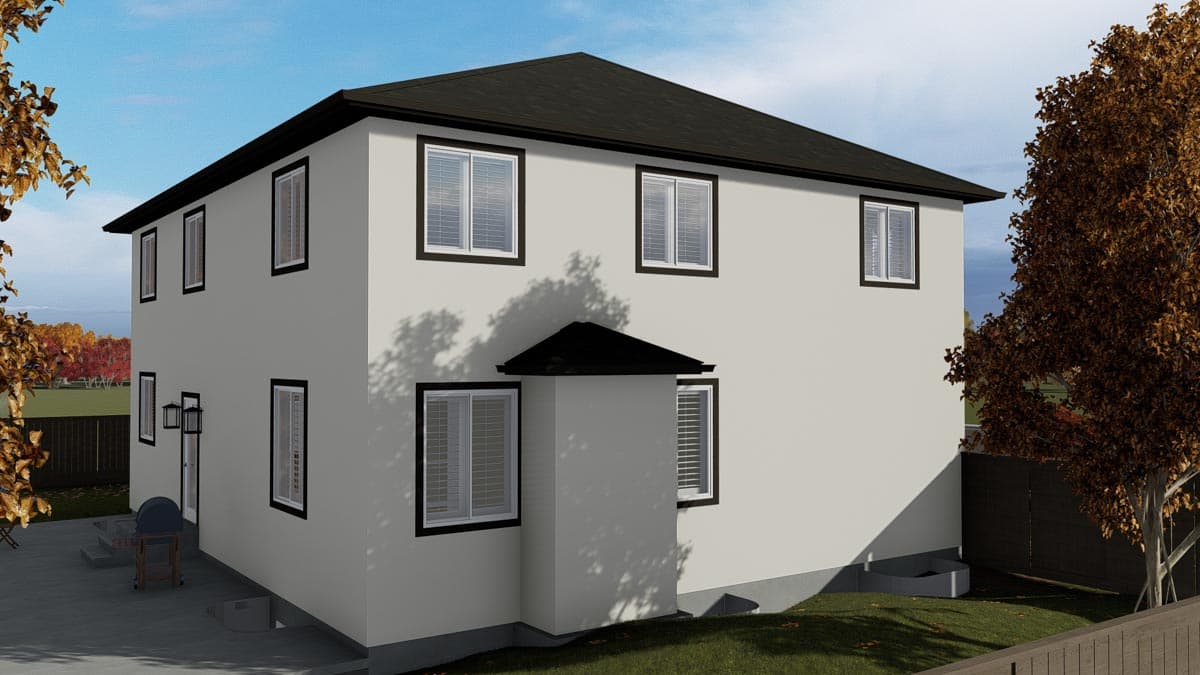 House plan exterior, two-story structure with gabled roof, multiple windows, and a small, dark-roofed bay.