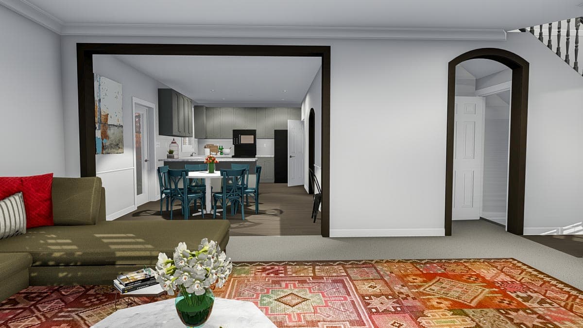 Interior rendering of a living room open to a kitchen with dark cabinets and a dining area with blue chairs.