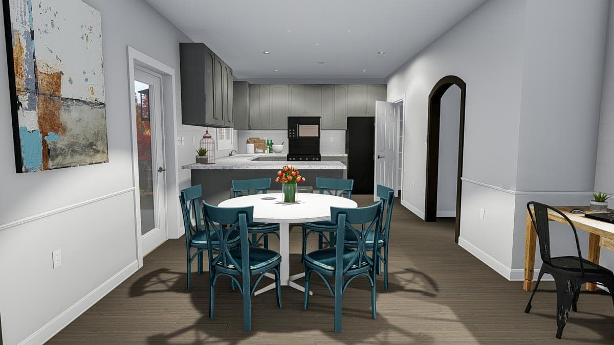 Interior rendering: Dining area with round table and chairs, adjacent to kitchen with gray cabinetry and countertop.