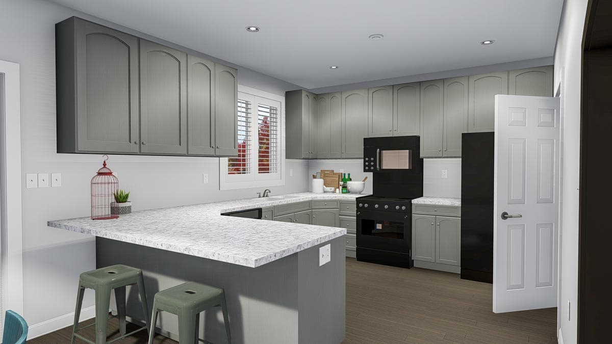 Kitchen rendering with U-shaped counter, island, gray cabinets, black range, refrigerator, and wood flooring.