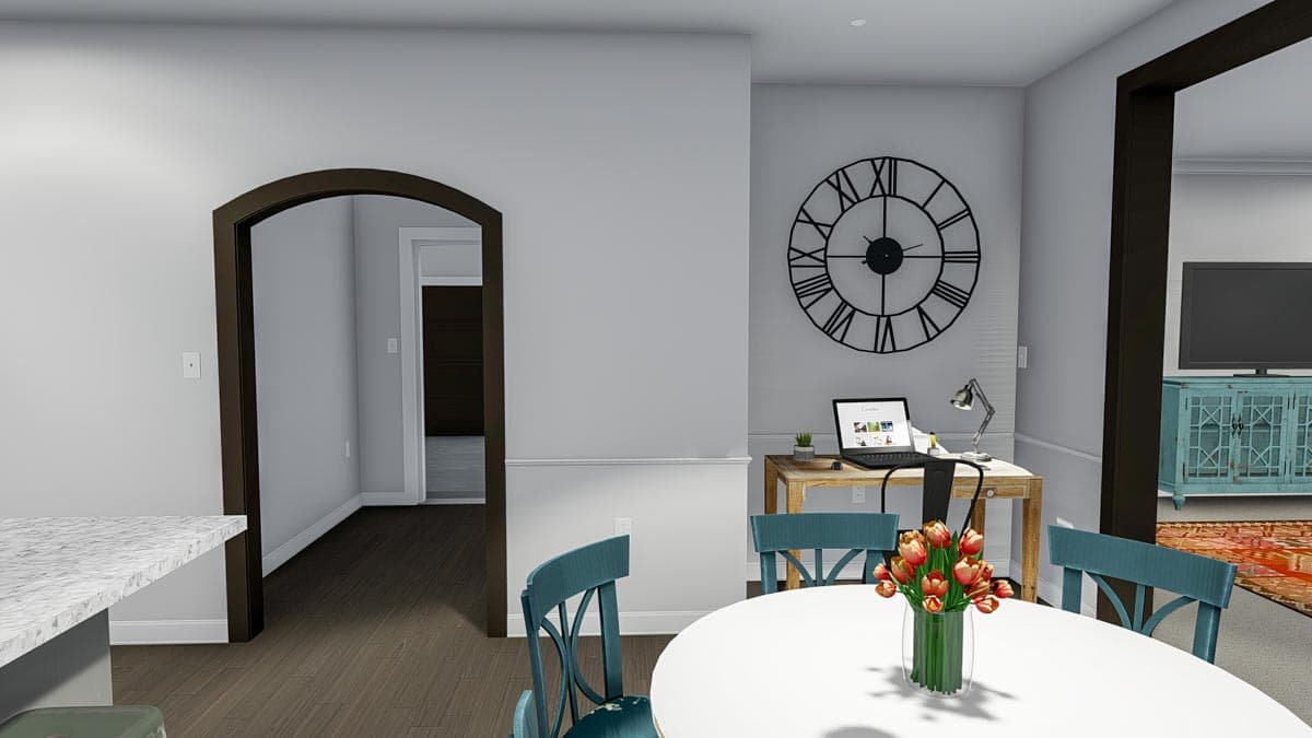 Interior rendering of a dining area with a desk, arched doorway, and teal chairs surrounding a round table.
