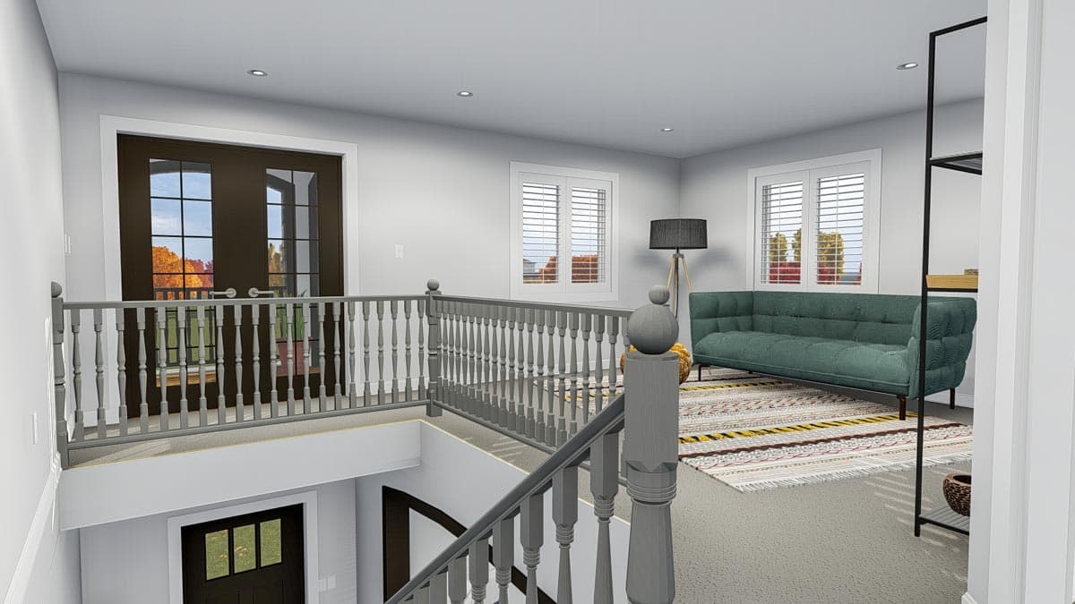 House plan rendering of upper hallway with gray railings, double doors leading outside, and a teal sofa area with windows.