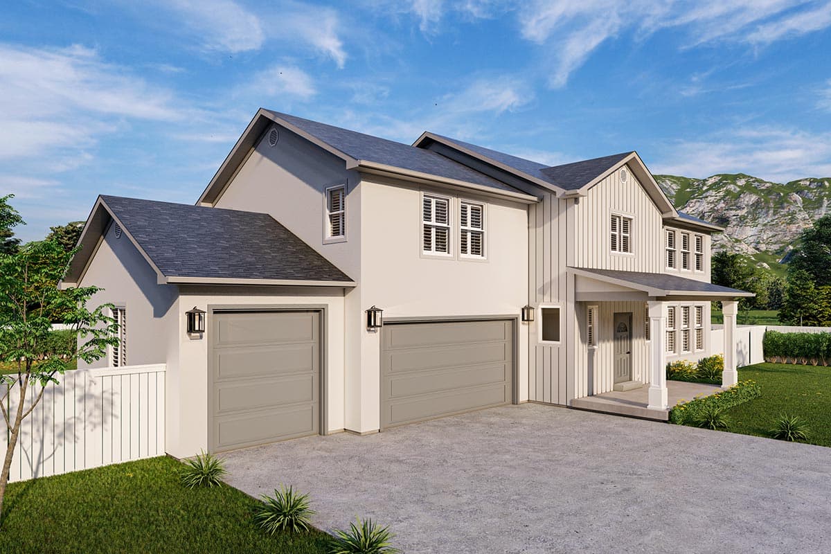 Modern Farmhouse house plan exterior with two-car garage, gable rooflines, board and batten siding, and covered front porch.