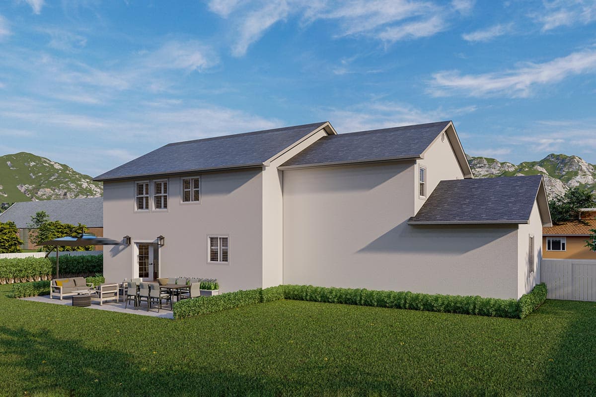 Two-story house plan exterior with a symmetrical facade, multiple gables, and a rear patio with outdoor furniture.