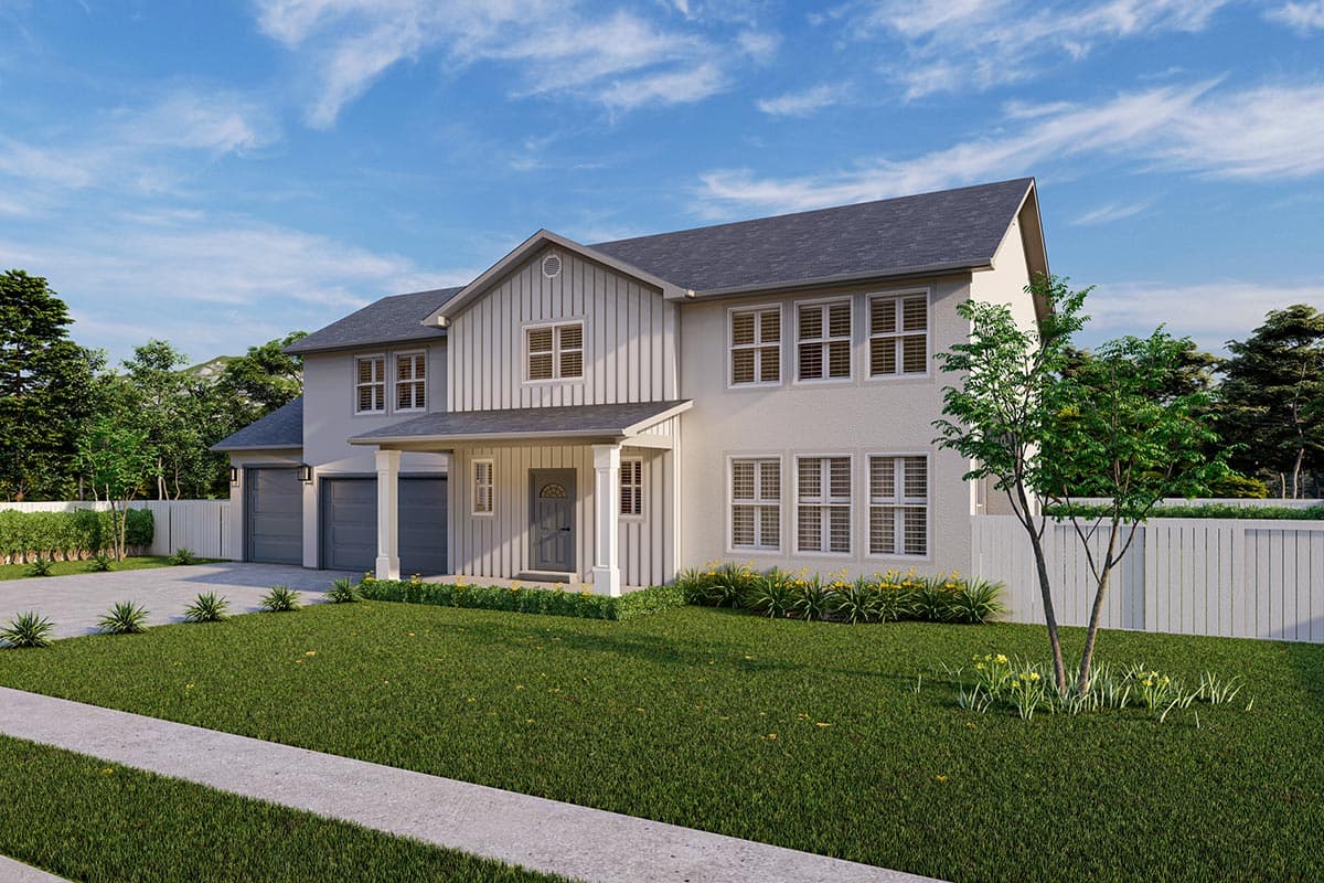 House plan exterior rendering: two-story Modern Farmhouse with a covered front porch, gable accents, and a three-car garage.