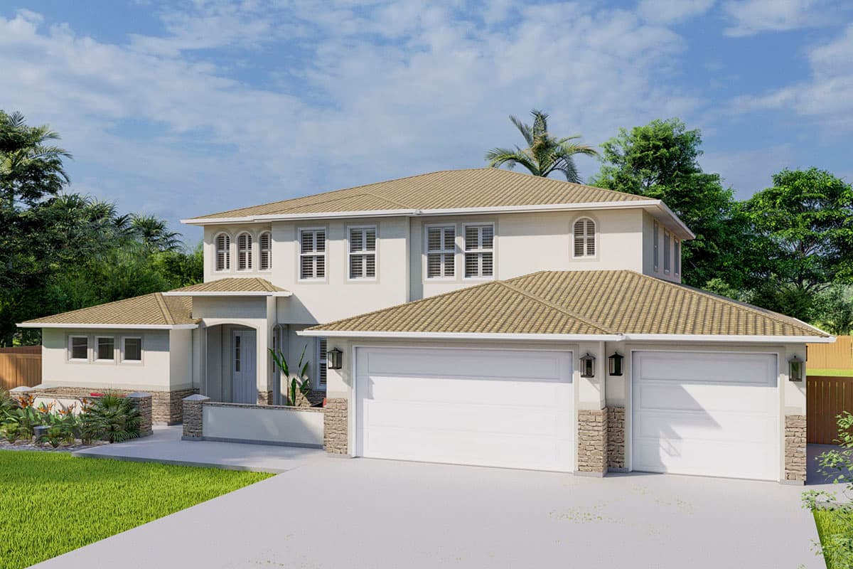 House plan exterior: Two-story home with a tiled hip roof, arched windows, covered entryway, and a three-car garage.
