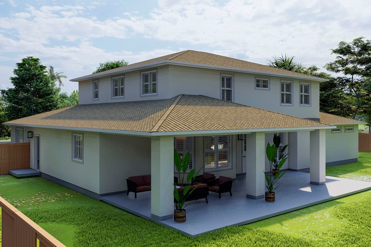 House plan exterior view of a two-story residence with a covered patio, multiple gables, and numerous windows.
