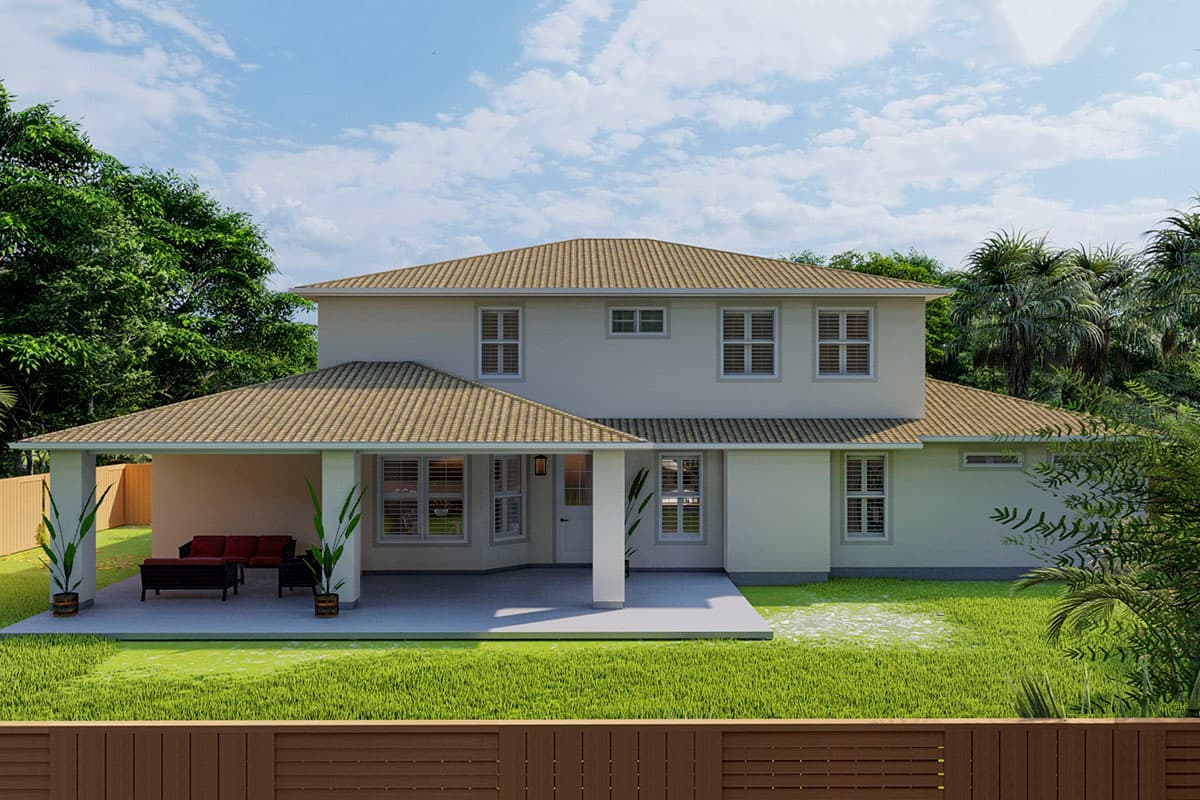 Two-story house plan exterior featuring a wide covered patio, multiple gables, and numerous windows.