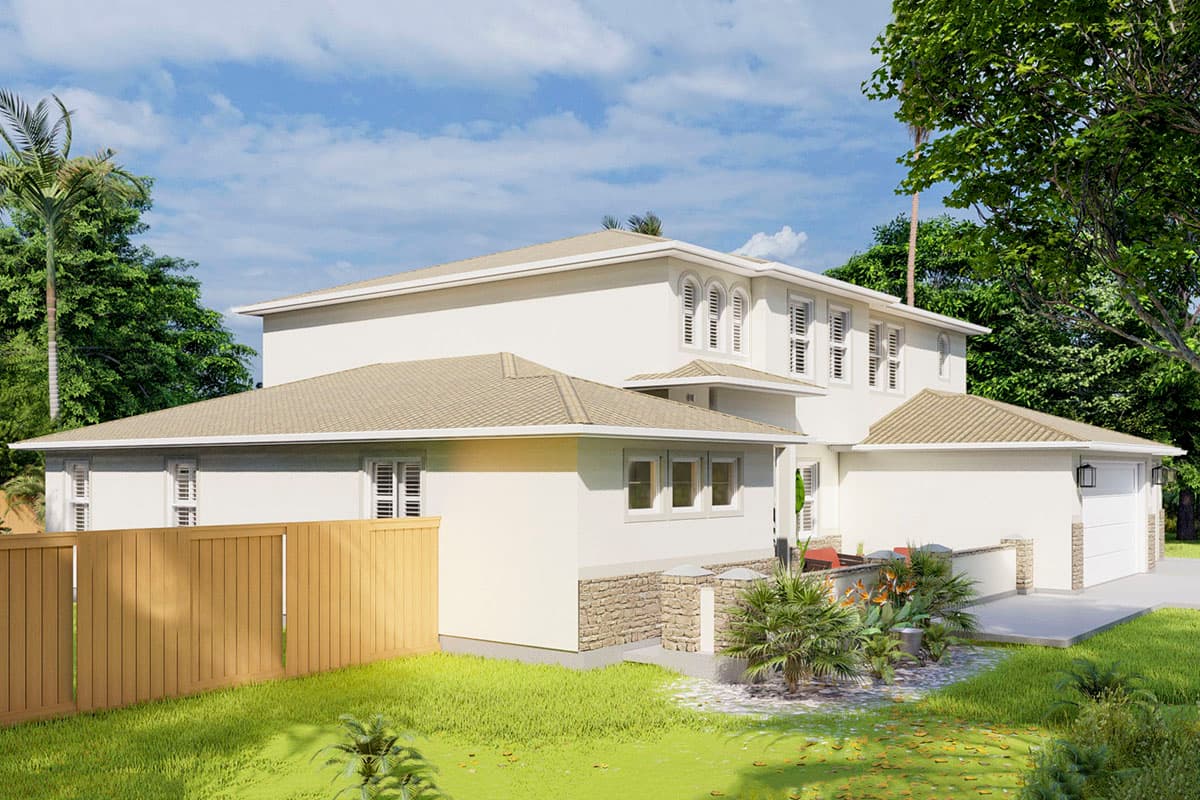Two-story house plan exterior with arched windows on the upper level, hipped roofs, and a two-car garage.