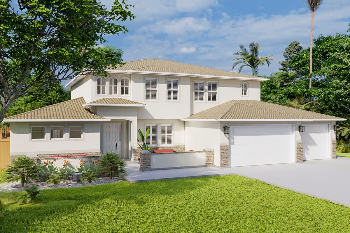 House plan exterior: two-story home with a multi-angled roof, arched second-story windows, a covered entry, and a three-car garage.