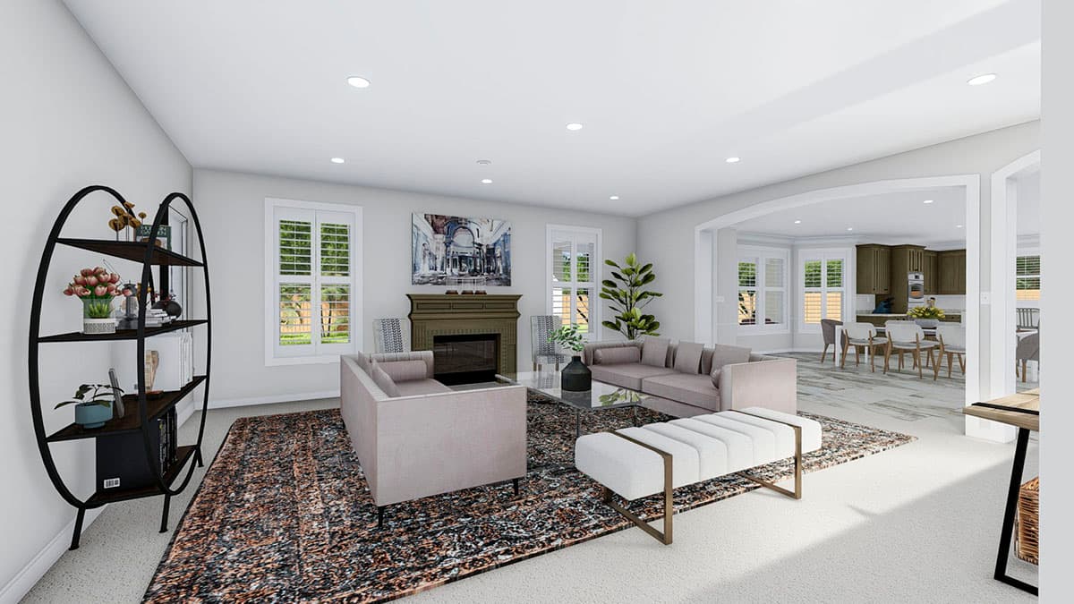 Interior rendering of a great room with a fireplace, seating area, and view into the kitchen and dining area.