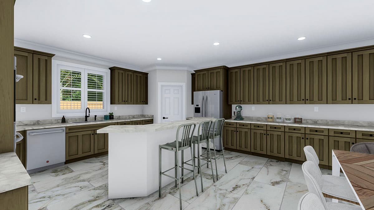 Interior rendering of a kitchen featuring a central island with seating, ample cabinetry, stainless steel appliances, and marble-patterned flooring.