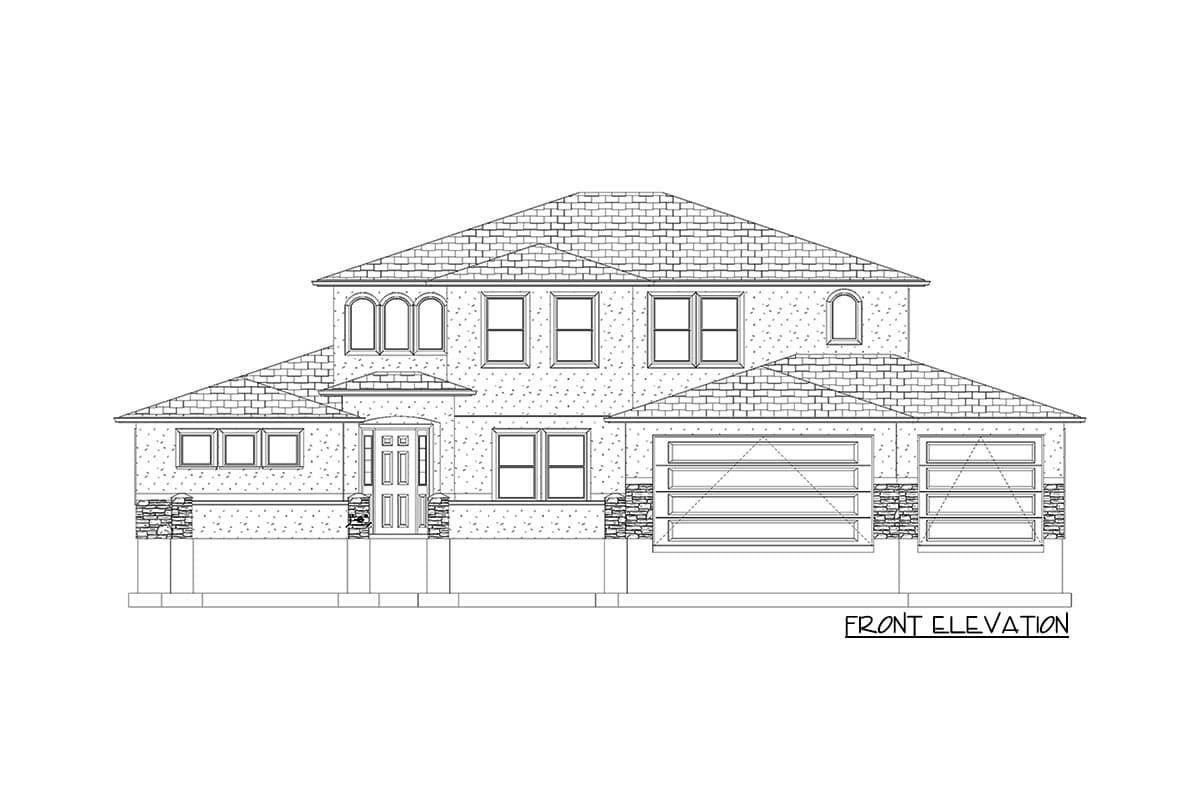Front elevation of a two-story house plan with a prominent roofline, arched dormers, and a three-car garage.