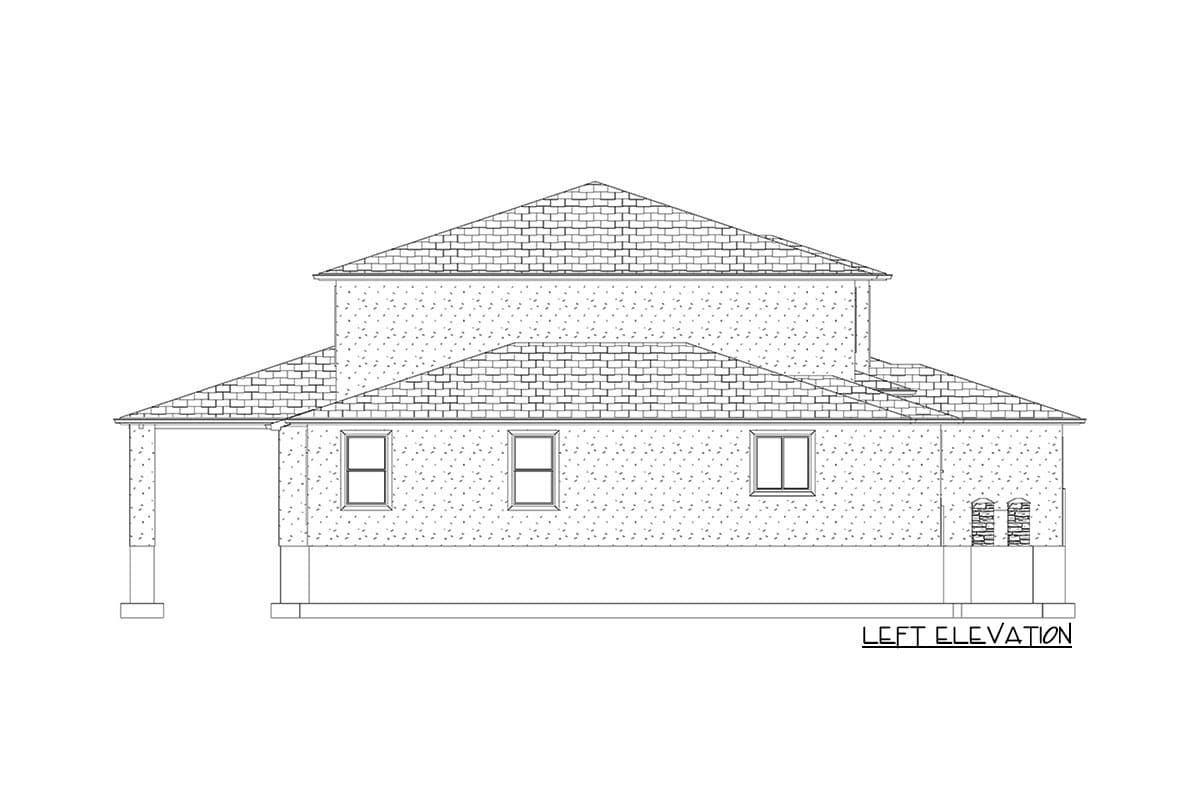Left elevation of a two-story house plan with a hip roof, gabled dormer, and covered porch.