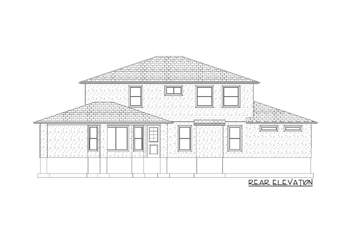 Rear elevation drawing of a two-story house with multiple rooflines, numerous windows, and a central door.
