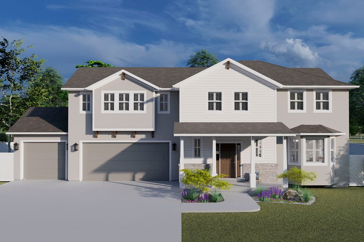 House plan exterior featuring a two-story design with a front porch, gables, and a two-car garage. Windows with shutters are featured.