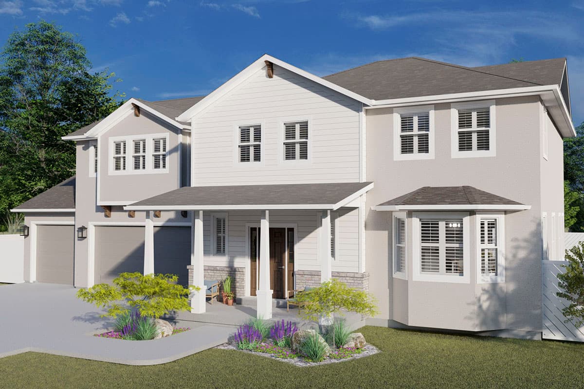 Two-story Modern Farmhouse exterior with a covered porch, dual garage doors, board and batten siding, and bay windows.
