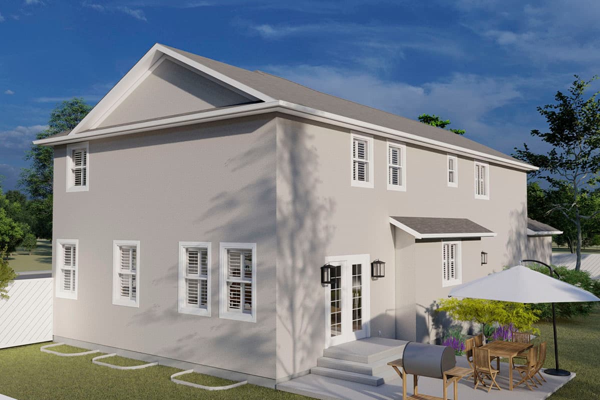 House plan exterior, two-story, with gabled roof, stucco finish, and double doors leading to backyard patio.