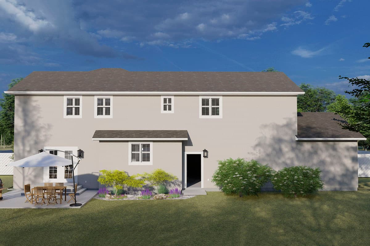 House plan exterior, two stories, stucco facade, prominent gable roofline, rear patio with umbrella, and landscaping.