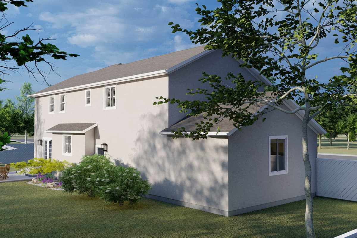 Two-story house plan exterior with gable rooflines, multiple dormers, and a small covered entryway with double doors.