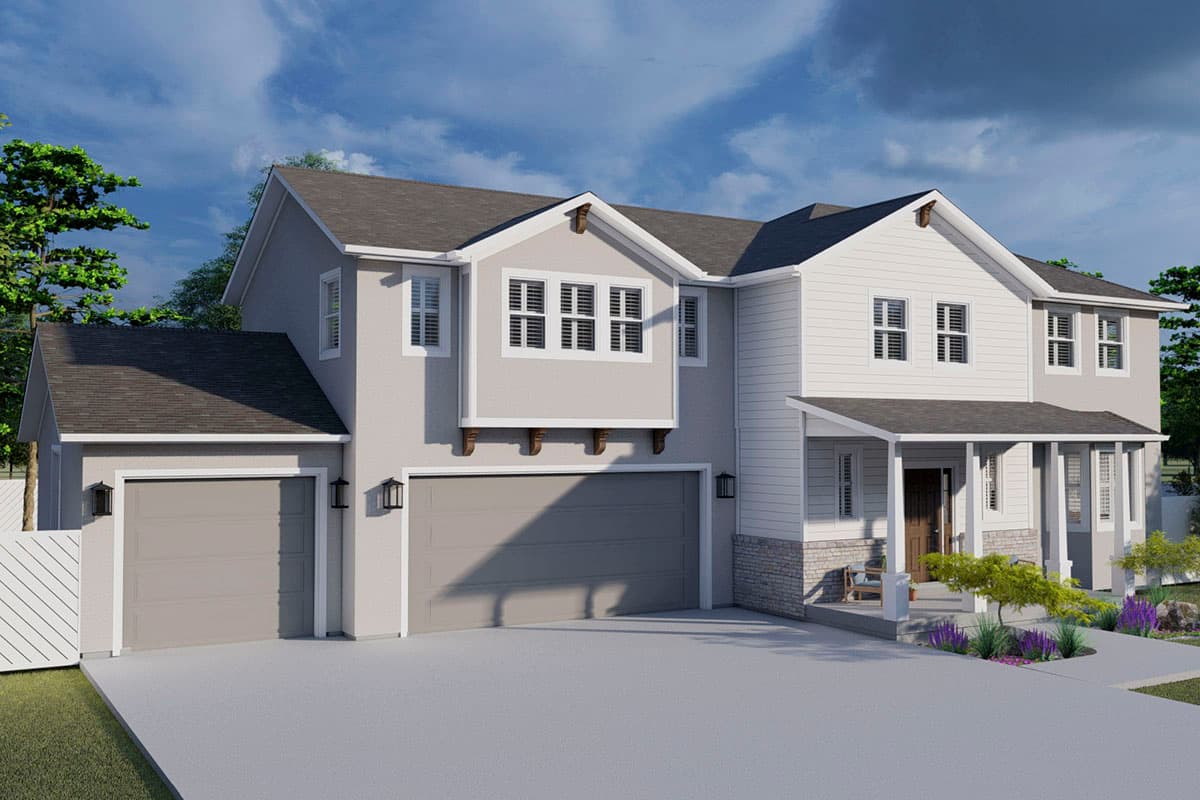 Two-story house plan exterior with a three-car garage, front porch, and gabled dormers.