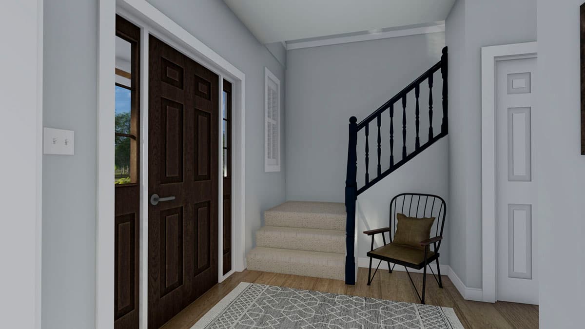 Interior rendering of a house foyer with a dark wood door, carpeted stairs, and black spindle banister.