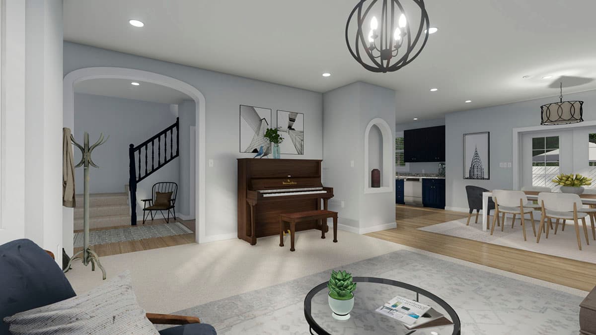Interior rendering: Living area with piano, entryway with stairs, and dining room adjacent to kitchen with dark cabinetry.