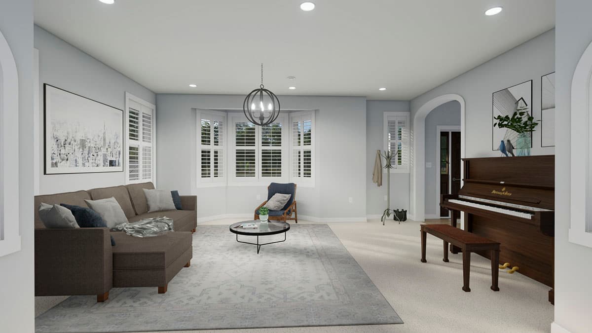 Interior rendering of a living room with sectional sofa, bay window, and upright piano.
