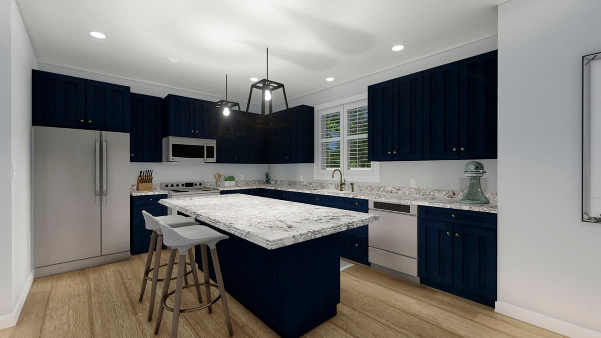 Kitchen rendering with dark blue cabinets, large granite-topped island with seating, stainless steel refrigerator, and pendant lights.