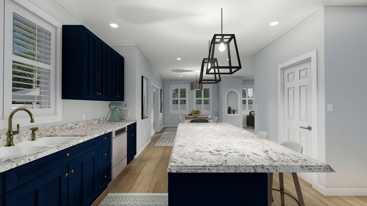 Modern kitchen with navy blue cabinetry, white speckled countertops, a large island, and a dining area.