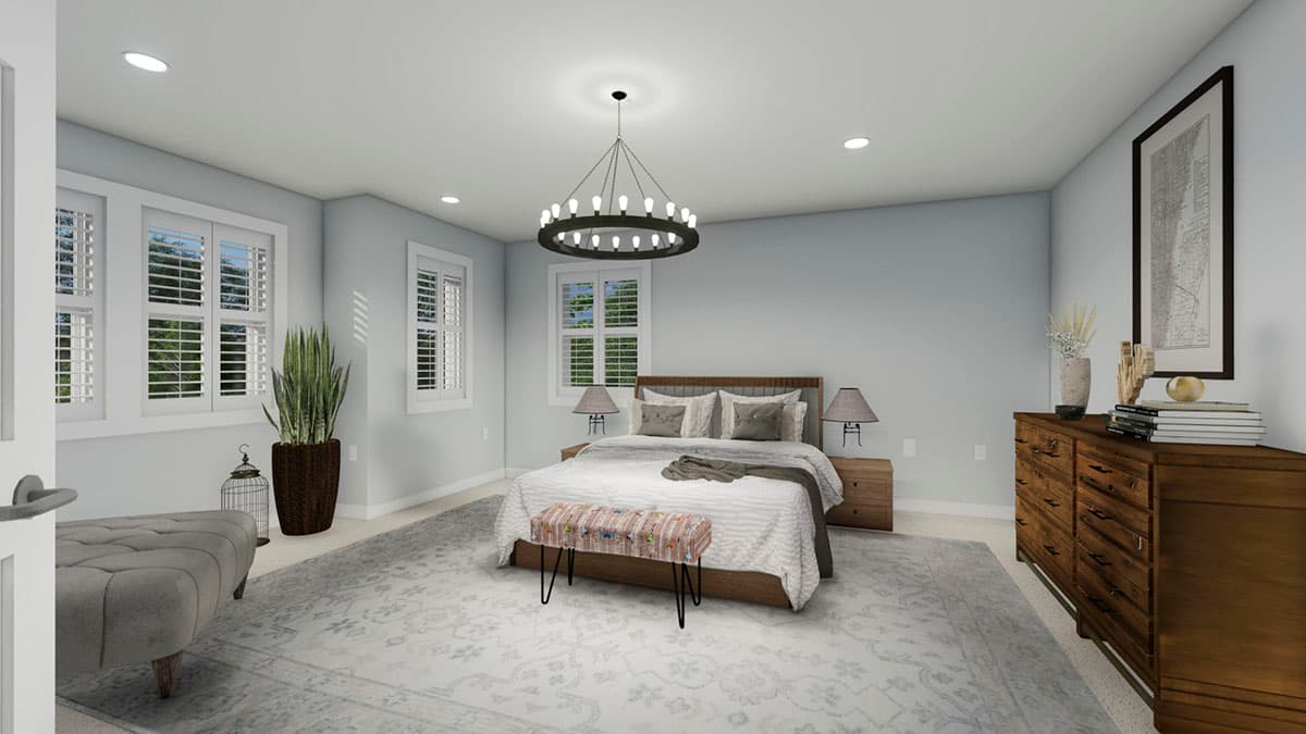 Primary bedroom rendering with bed, dresser, bench, and three windows with shutters. Modern chandelier above.