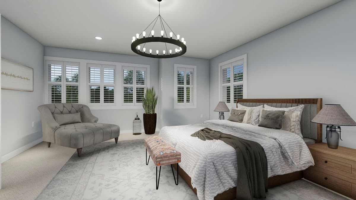 Bedroom rendering with bed, chaise, windows with shutters, and circular chandelier.