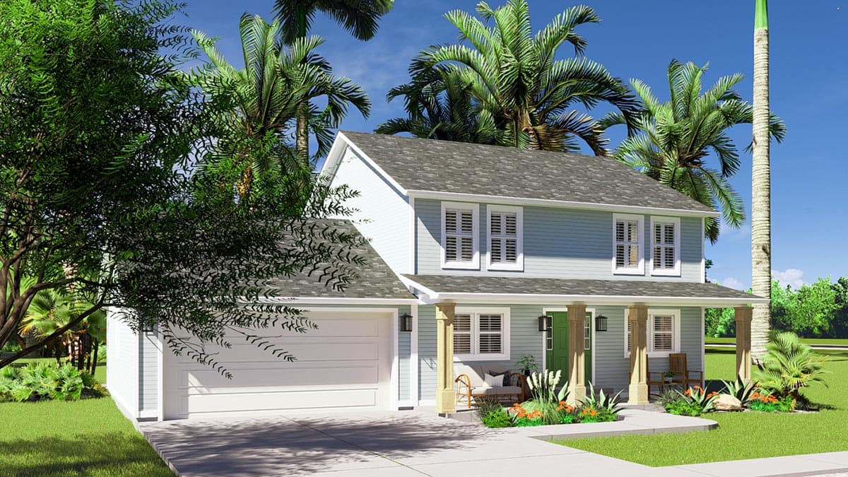 House plan exterior, two-story home with attached garage, covered front porch with columns, and gabled roof.