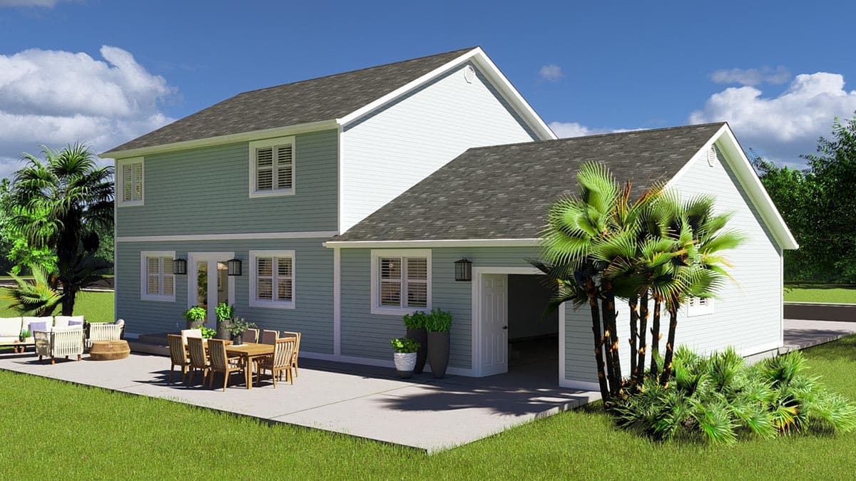 House plan exterior: Two-story home with light blue siding, white trim, a gable roof, and a two-car garage.