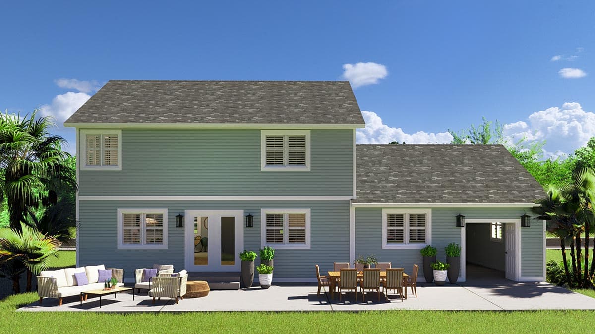 House plan exterior: Two-story home with horizontal siding, gabled roof, double garage, and patio with furniture.